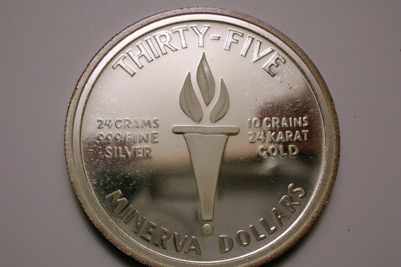 A 35 Minerva dollar coin depicting a torch