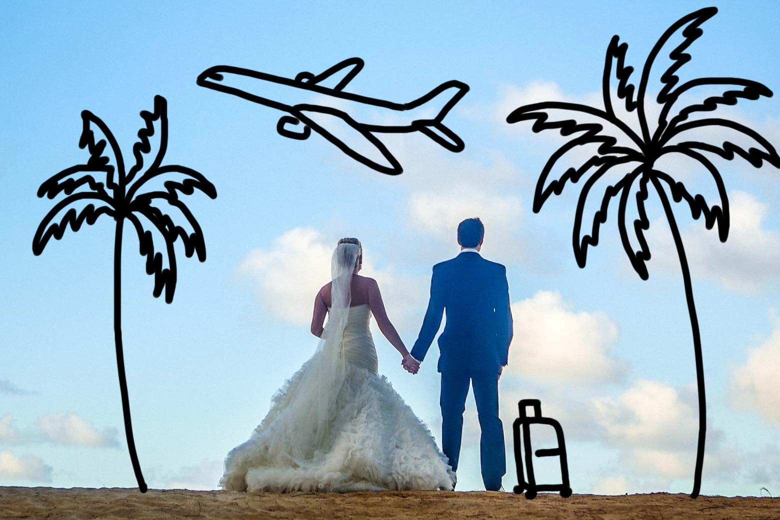 A bride and groom on a beach, with palm trees and an airplane sketched into the picture.