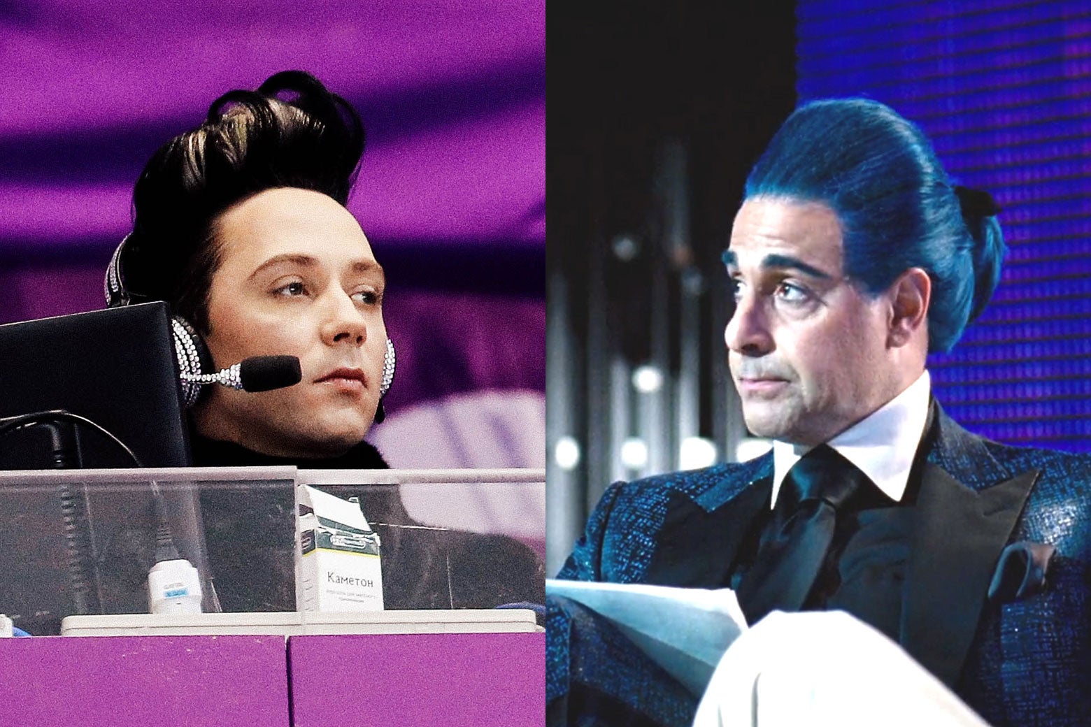 Left: Johnny Weir sports a pompadour. Right: Stanley Tucci as Caesar Flickerman sports a blue pompadour.