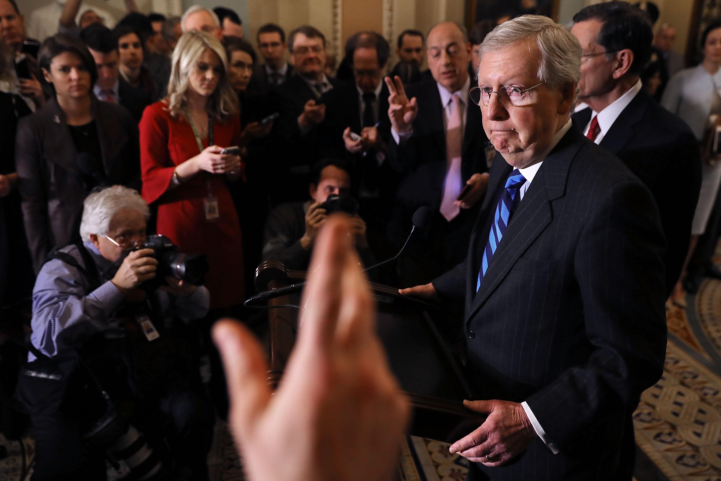 WASHINGTON, DC - FEBRUARY 06:  Senate Majority Leader Mitch McConnell (R-KY) talks to reporters following the weekly policy luncheon at the U.S. Capitol February 6, 2018 in Washington, DC. Senate Republicans and Democrats announced they have made progress on reaching an agreement to fund the federal government.  (Photo by Chip Somodevilla/Getty Images)