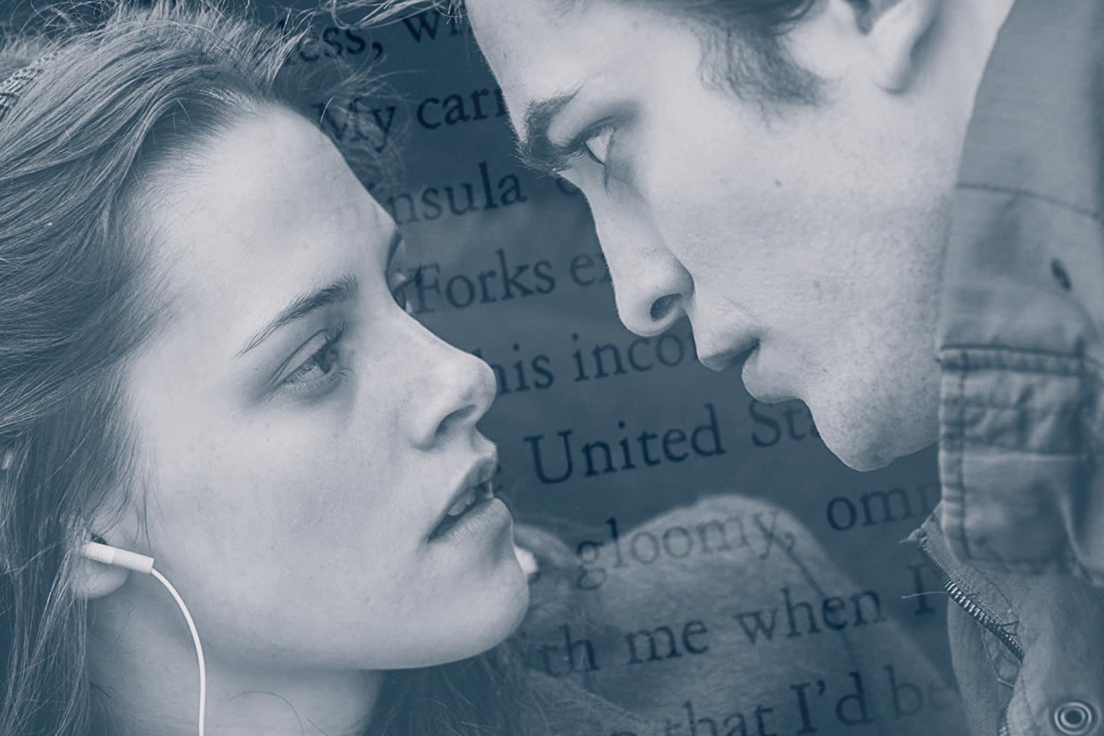 A movie still from Twilight featuring Robert Pattinson and Kristen Stewart overlaid over a picture of a book page. 