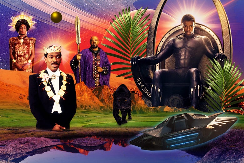 An African landscape depicting cast members of both Black Panther and Coming to America.