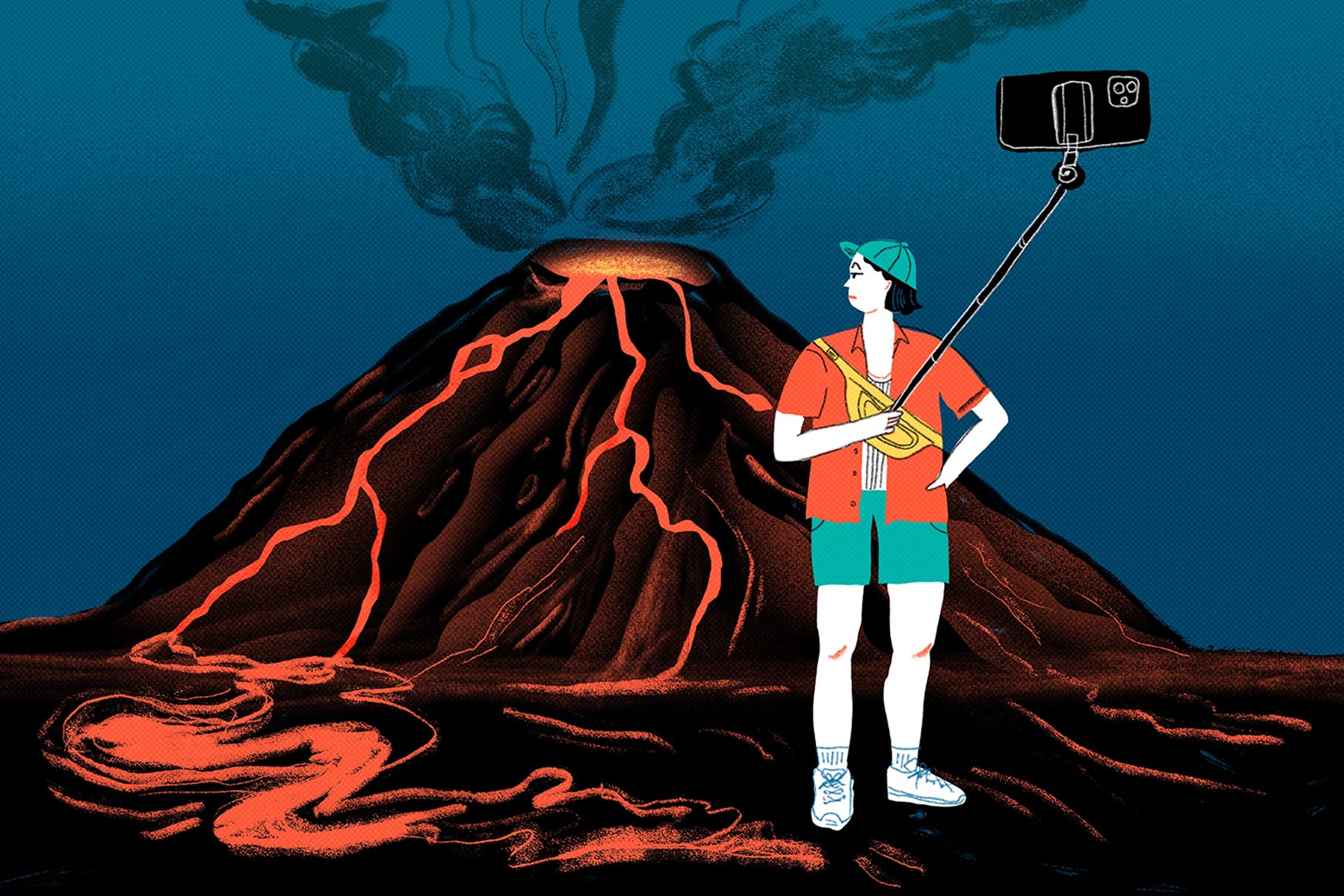 With an erupting volcano behind them, a tourist looks behind them with vague interest and snaps a photo with a selfie stick.