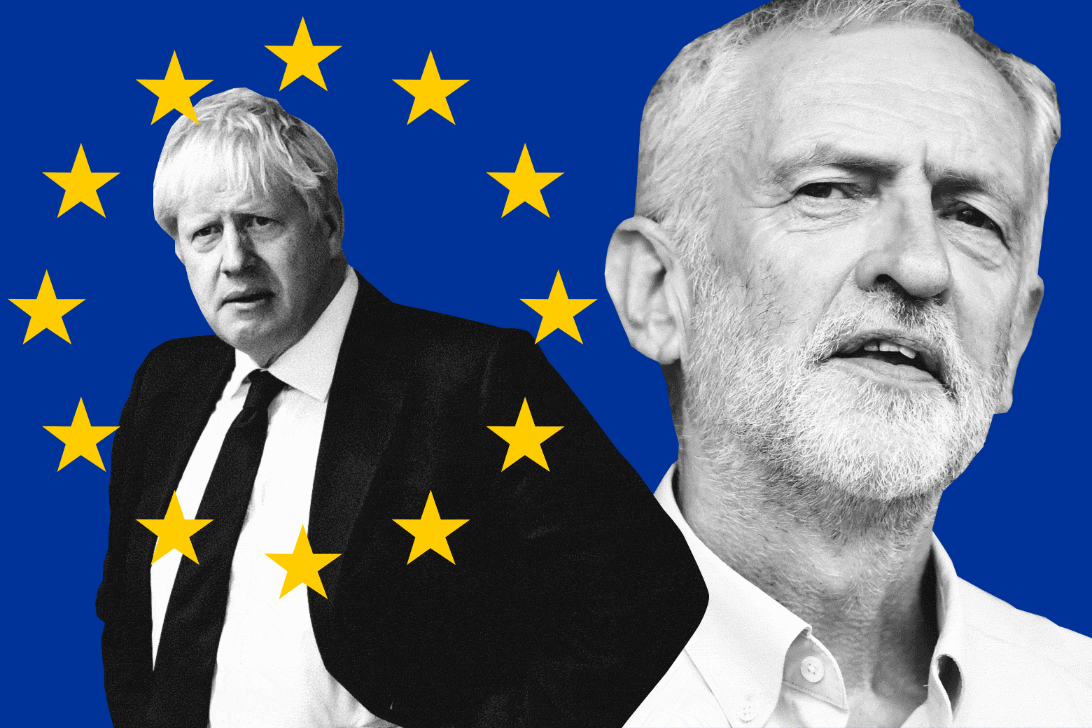 Boris Johnson encircled by a blinking EU symbol, with Jeremy Corbyn looking on.