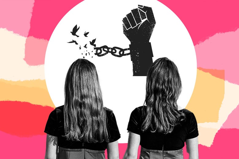 Two children stand facing an illustration of a raised fist with a broken chain that morphs into birds.