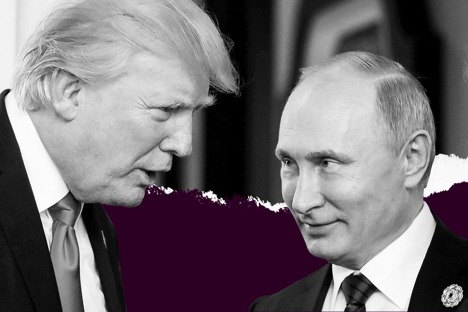 Donald Trump leans over to talk with Vladimir Putin.
