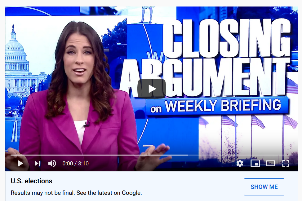 A female journalist appears in a video titled "Trump won. MSM hopes you don't believe your eyes" with a label saying "Results may not be final."