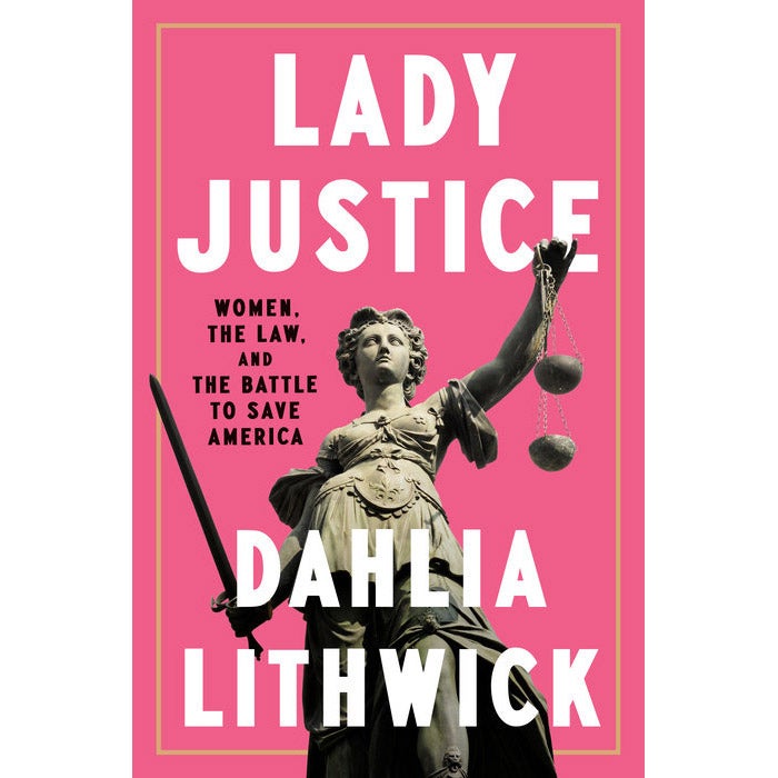 Cover of book with a statue of justice as a woman holding scales without a blindfold on a pink field.