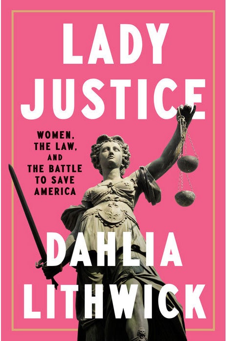 Cover of the book, statue of Justice—depicted as a woman holding a scale—on a pink field.