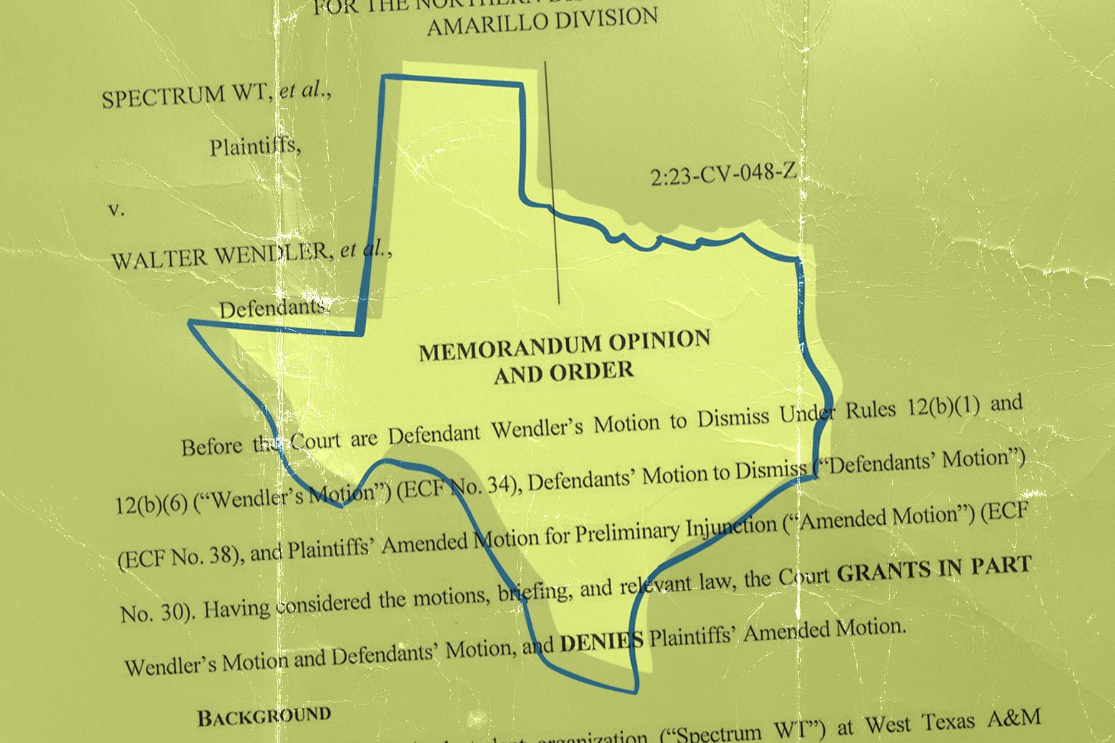 A page from Judge Matthew Kacsmaryk's opinion superimposed on the outline of the state of Texas.