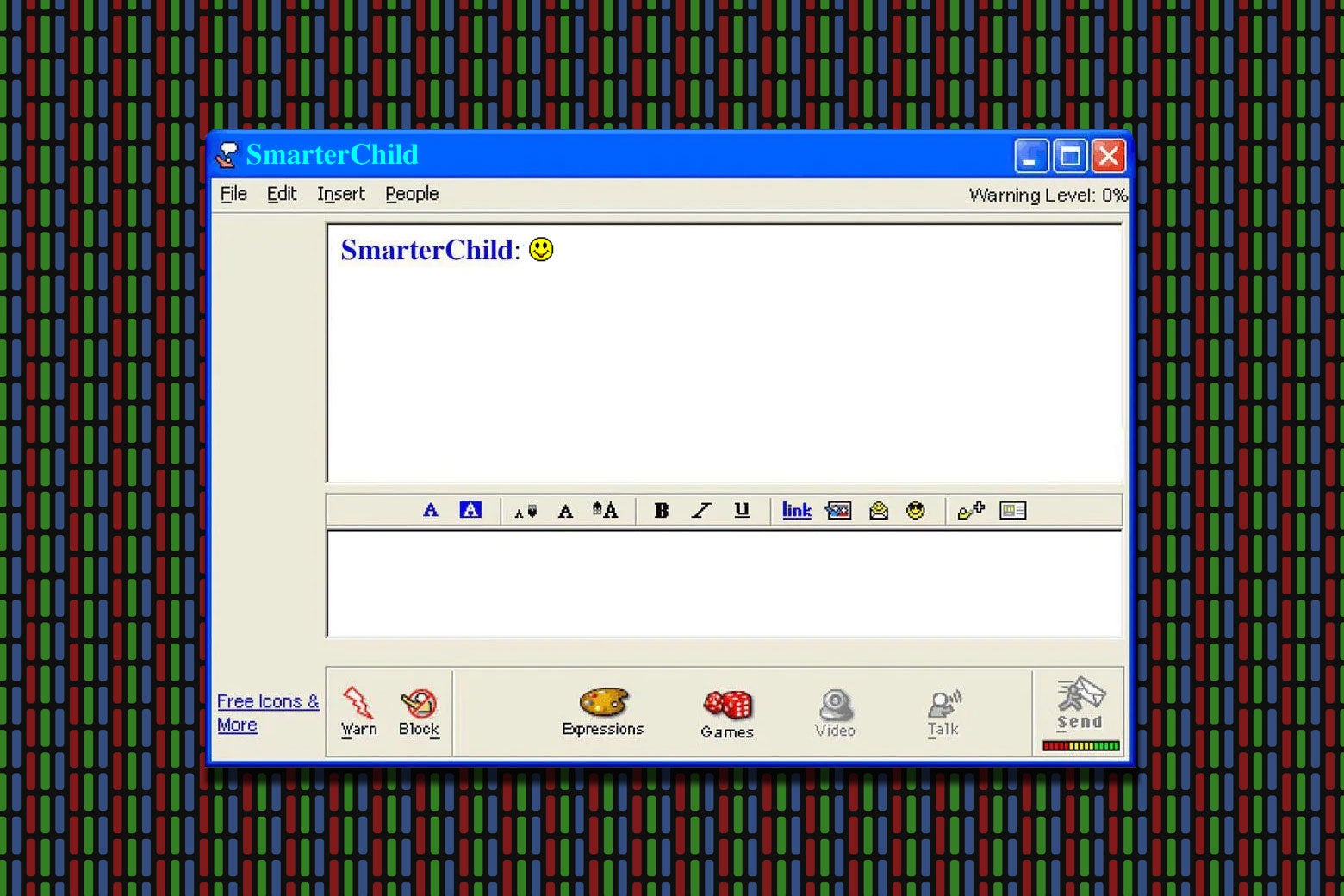 Una ventana de chat de AOL con SmarterChild y una cara feliz en el campo de texto.