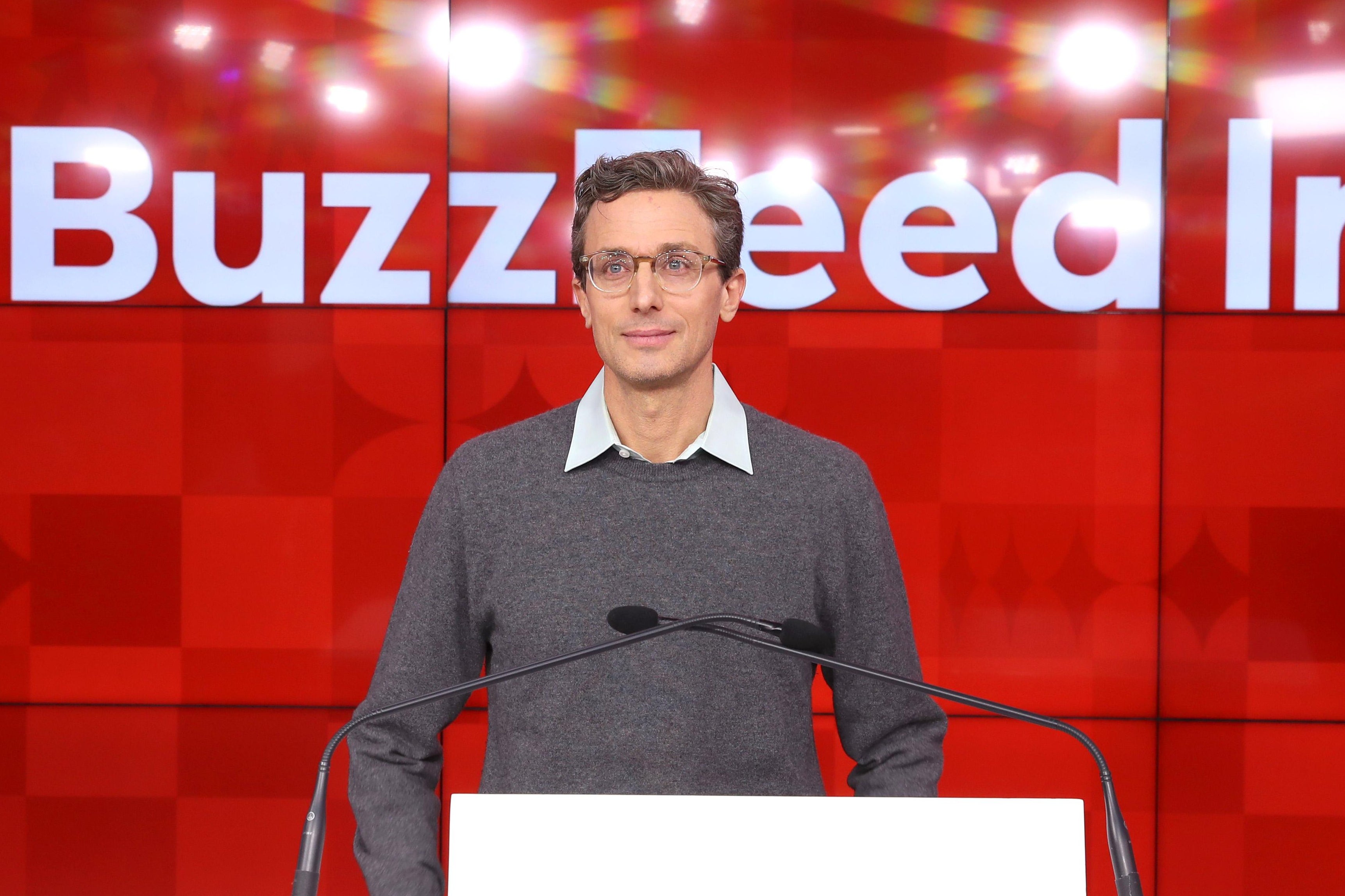 Founder and CEO of BuzzFeed Jonah H. Peretti speaks during BuzzFeed Inc.'s listing day at Nasdaq on December 6, 2021.