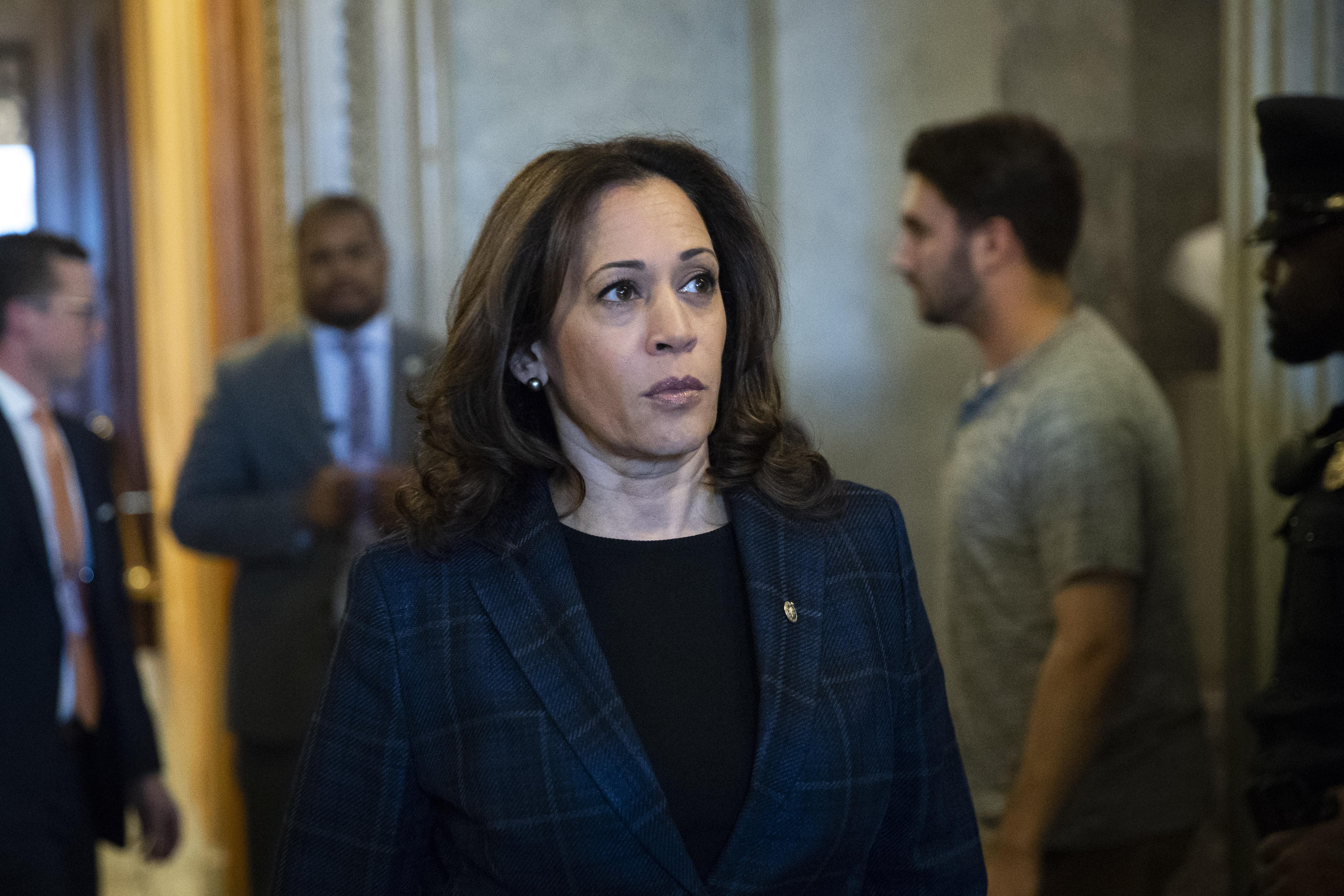 WASHINGTON, DC - OCTOBER 6: Sen. Kamala Harris (D-CA) exits the Senate floor following the Senate's confirmation of the nomination of Judge Brett Kavanaugh to the U.S. Supreme Court, October 6, 2018 in Washington, DC. Kavanaugh was confirmed in a 50-48 vote on Saturday. (Photo by Drew Angerer/Getty Images)
