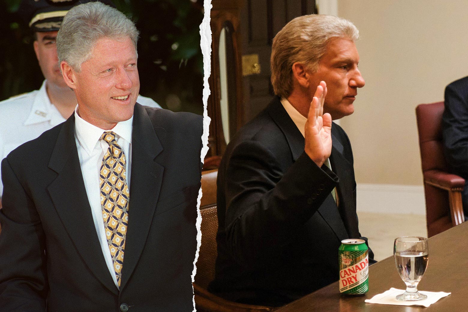 Bill Clinton in the Rose Garden and Clive Owen as Clinton in the show, with his hand raised.