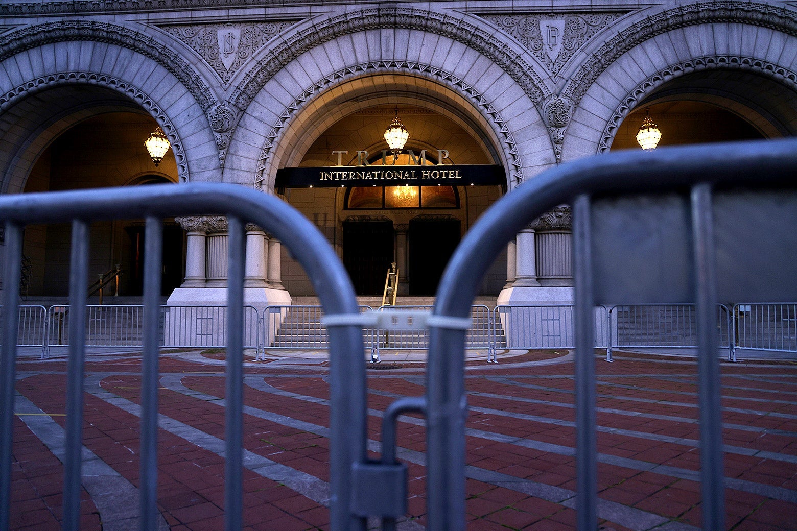 An entrance of the Trump International Hotel is blocked in the morning hours of Nov. 4, 2020 in Washington, D.C.