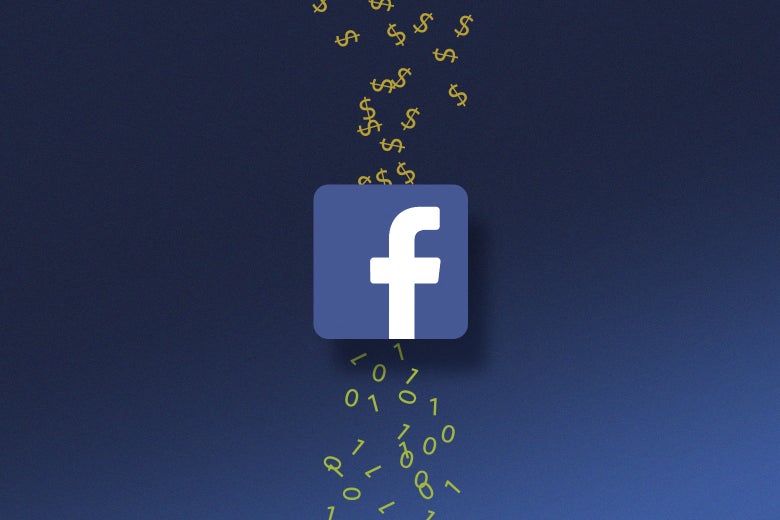 Zeroes and ones floating up through the Facebook logo to become dollar signs.