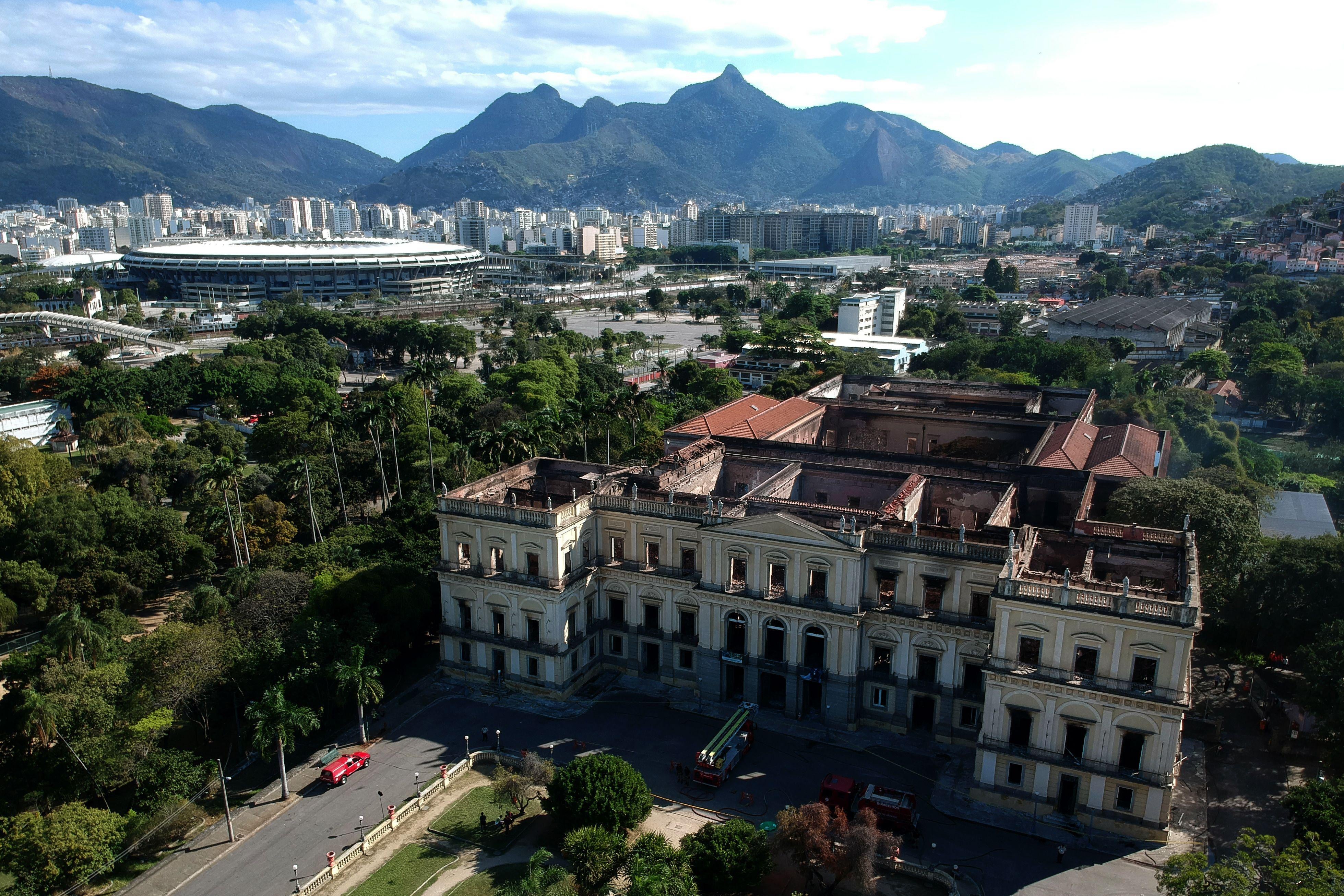 Drone view of Rio de Janeiro's treasured National Museum, the roof of which is largely gone after fires ravaged the building for five hours