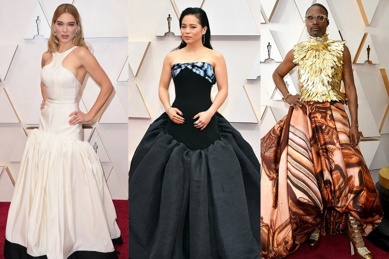 Collage of Léa Seydoux, Kelly Marie Tran, and Billy Porter wearing flowing skirts on the red carpet.