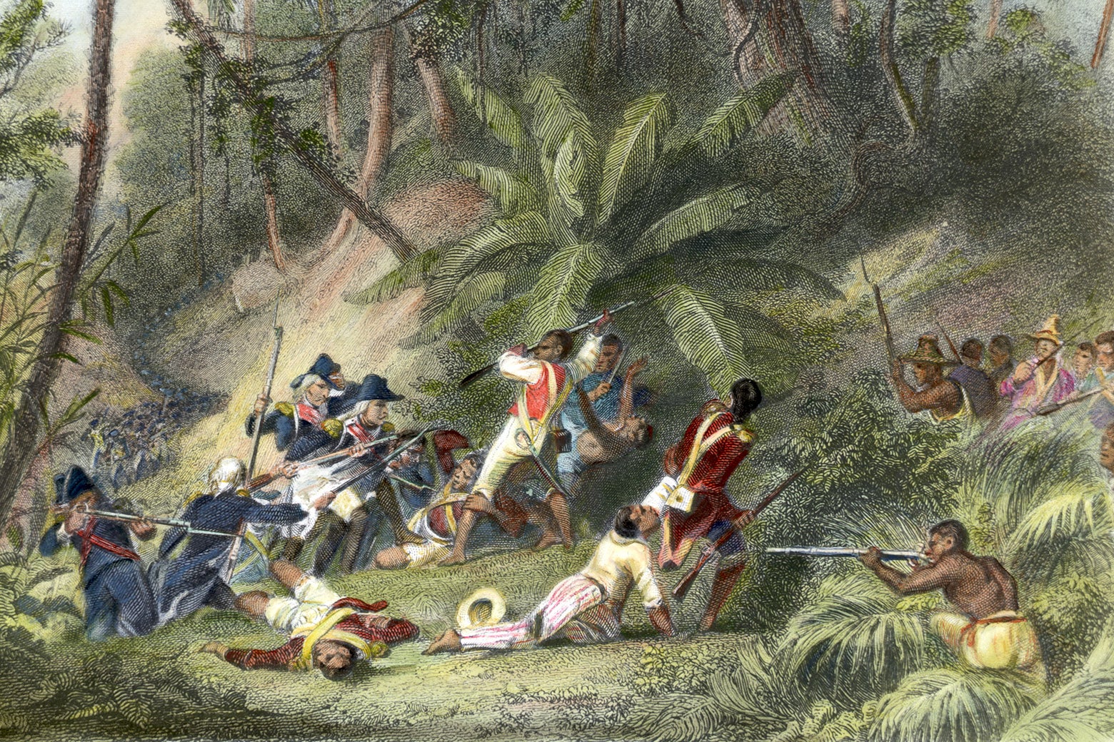An illustration of Toussaint L'Ouverture fighting off French soldiers