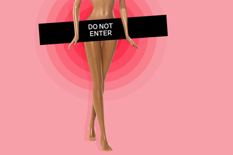 The bottom half of a Barbie doll is seen, with a black bar reading "DO NOT ENTER" placed over her pelvic region.