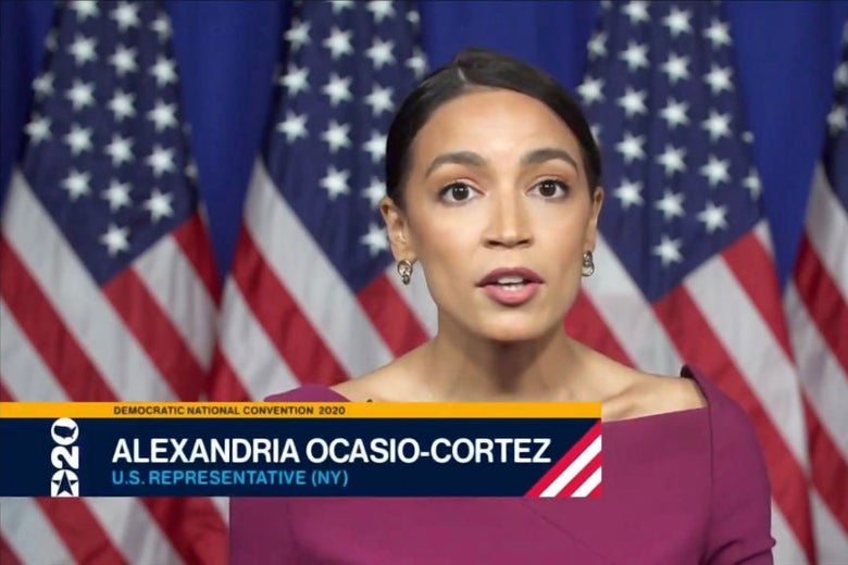 Ocasio-Cortez, identified via chyron in a screenshot from the DNC broadcast, speaks into the camera against a backdrop of American flags.