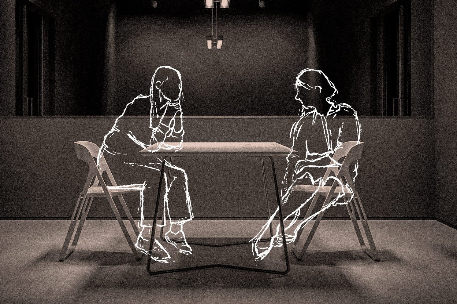The outlines of two women seated on either side of a table having an intense conversation.