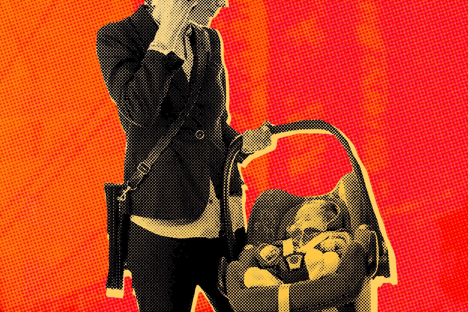 Photo illustration of a busy parent, dressed in business casual clothing, carrying a child while talking on a cellphone.