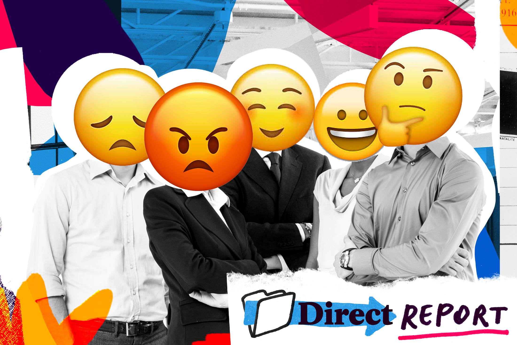 A bunch of employees with varying emoji for faces