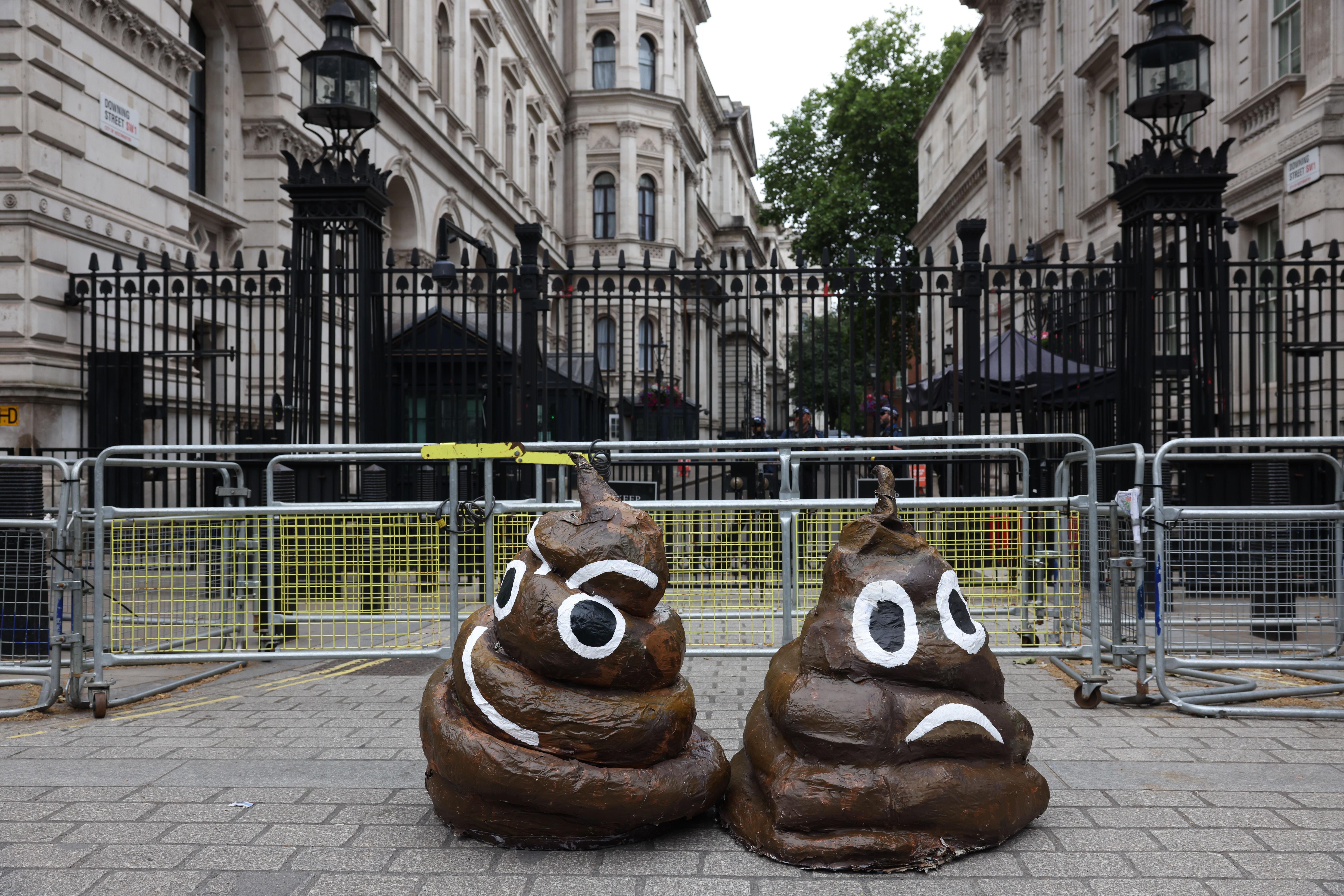 Two big models of poo emoji seen outside Downing Street gates