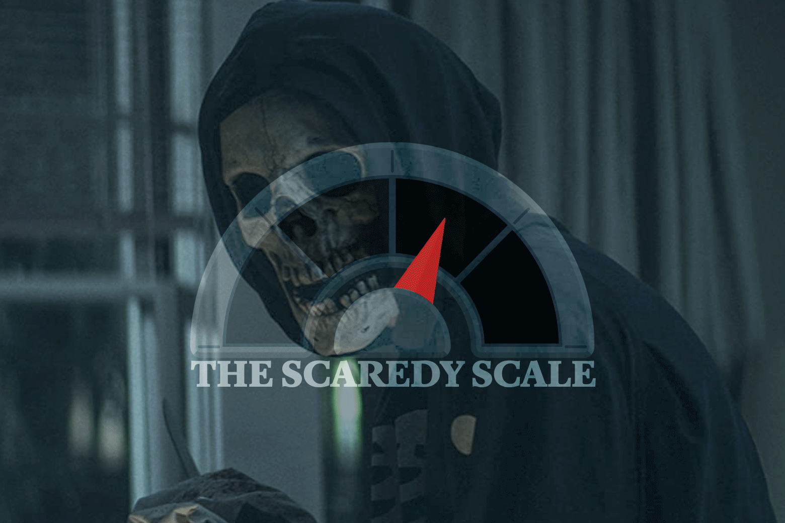 A figure in a skull mask, with a Scaredy Scale needle atop it.