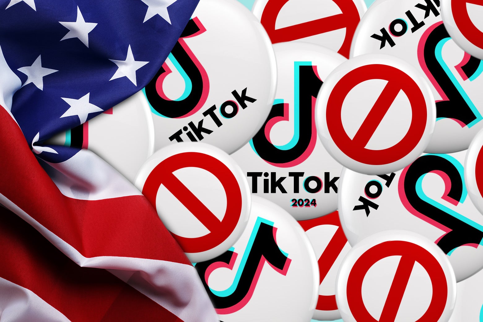 A rumpled American flag illustrated next to a pile of TikTok-logo buttons and "no-entry"-sign buttons. 