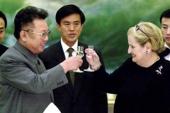 Then–North Korean Leader Kim Jong-il toasts then–Secretary of State Madeleine Albright at a dinner in Pyongyang on Oct. 24, 2000.