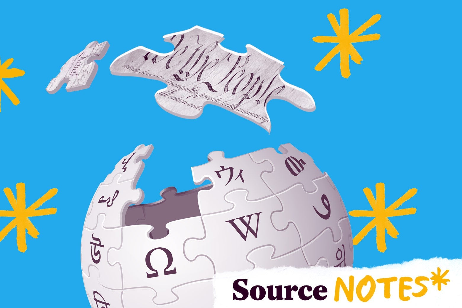 The Wikipedia globe puzzle logo, with one piece that reads "We the People" floating above.