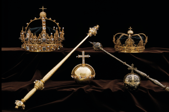 The jewels at Strängnäs: two gold scepters, two crowns, and two gold orbs.