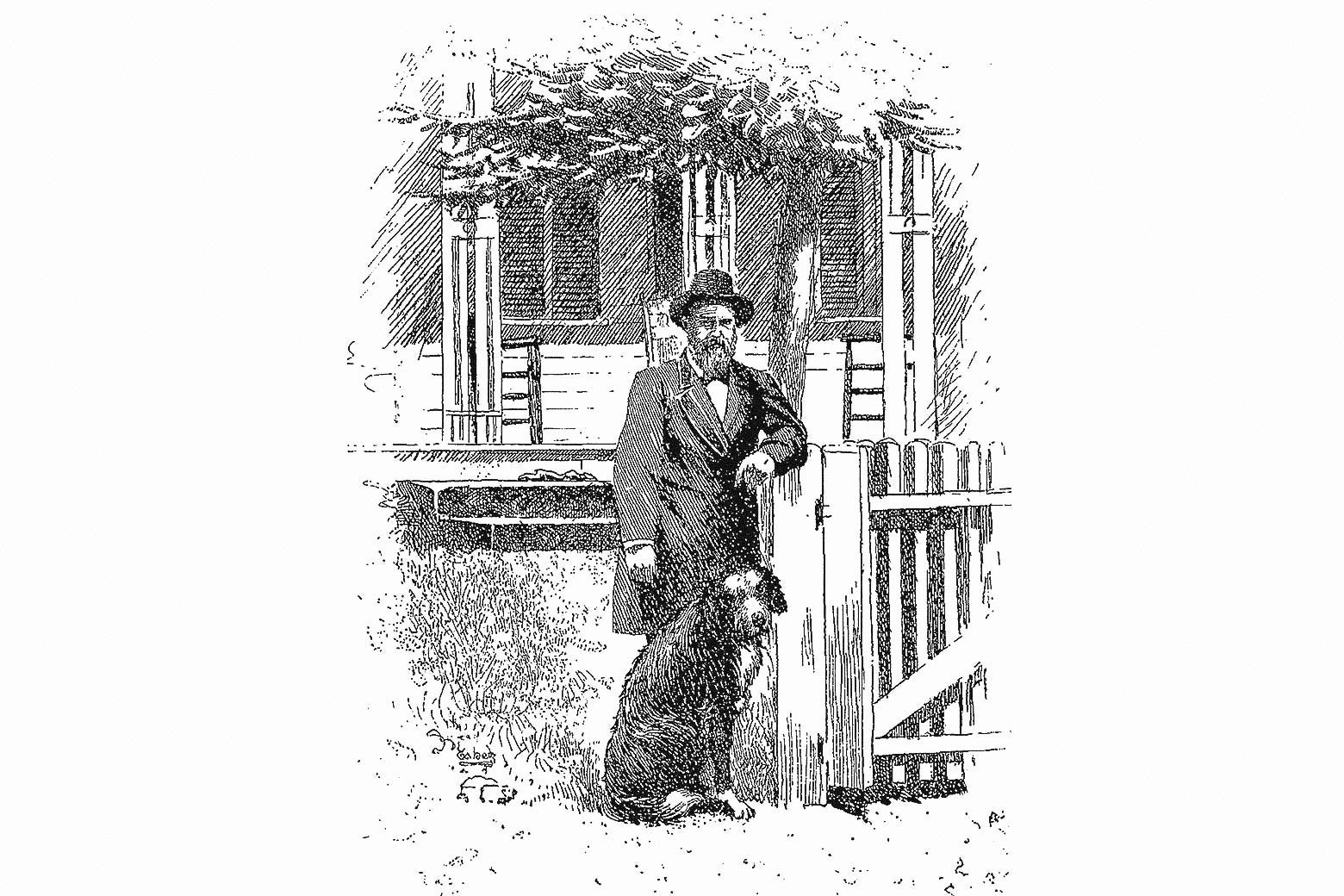 A 19th-century engraving of James Garfield and his dog, standing in front of their house in Ohio.