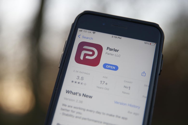 A smartphone shows the Parler app in Apple's App Store.