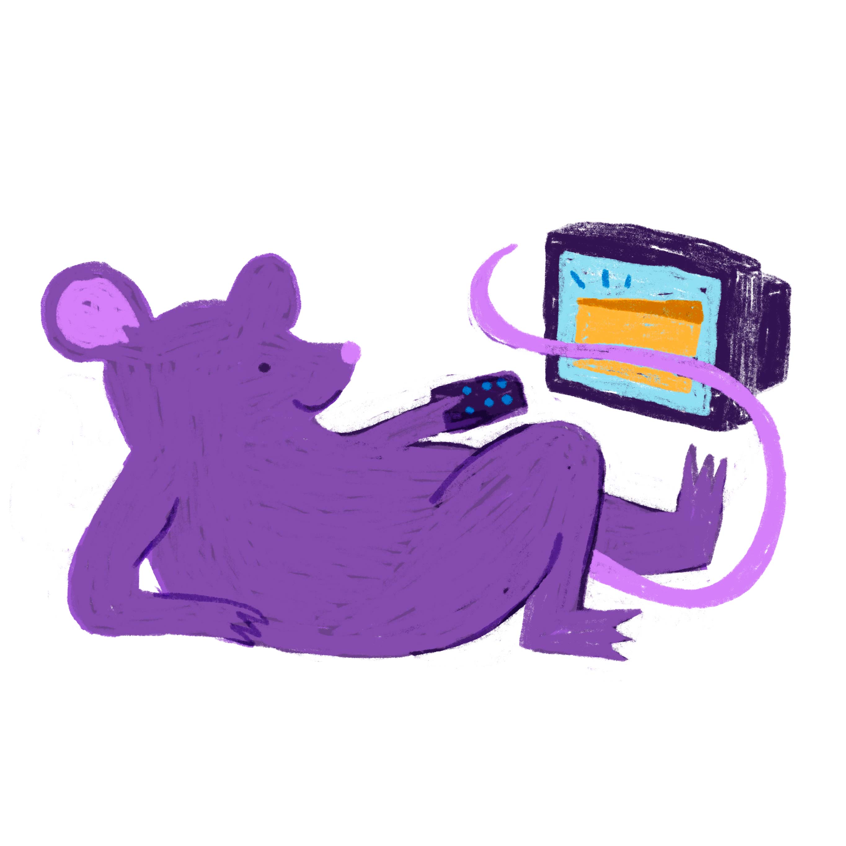 A purple rat lounges while watching TV.