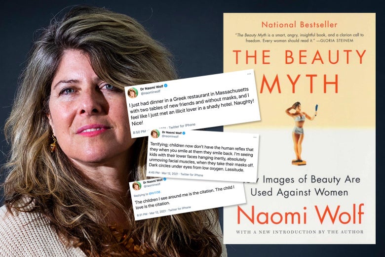 Collage of Naomi Wolf, three of her anti-mask tweets, and The Beauty Myth book cover