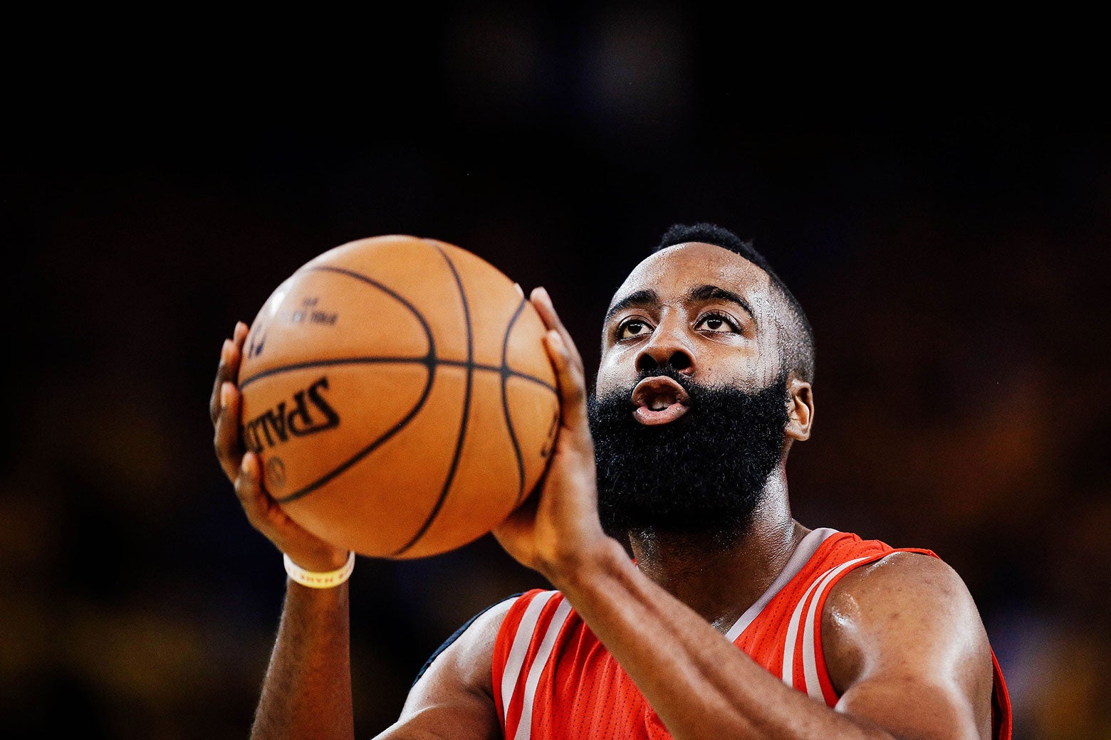 James Harden of the Houston Rockets shoots a free throw against the Golden State Warriors during Game 1 of the Western Conference Finals of the 2015 NBA Playoffs at Oracle Arena on May 19, 2015, in Oakland, California.