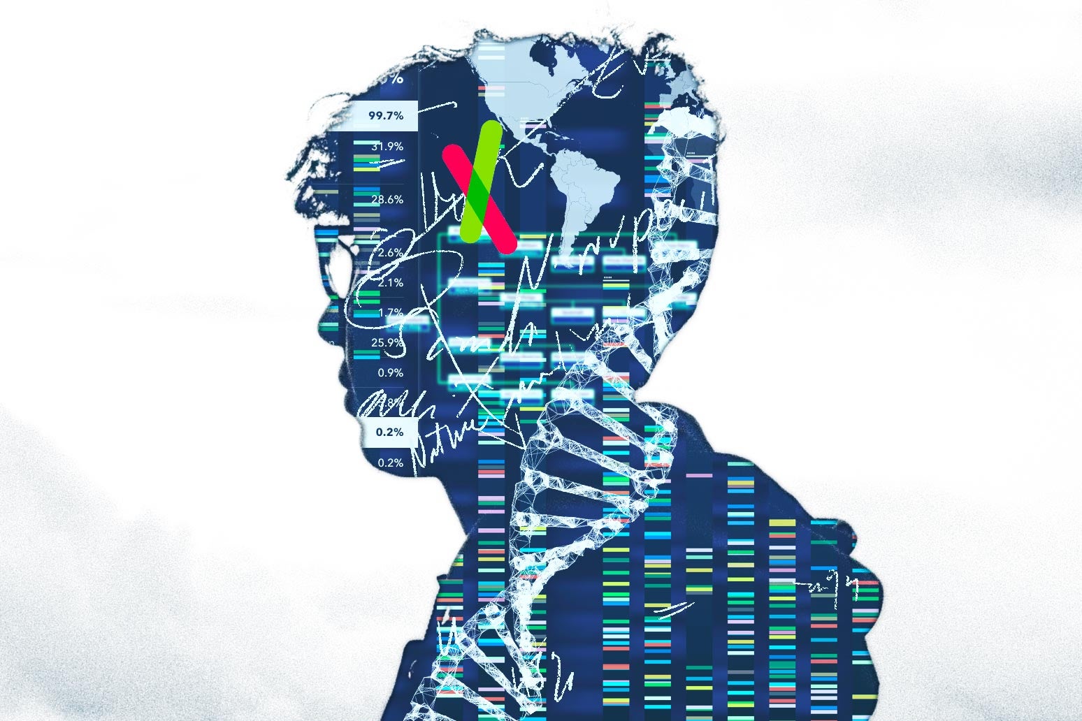 Collage of DNA and 23andMe images inside a silhouette of a man wearing glasses. 