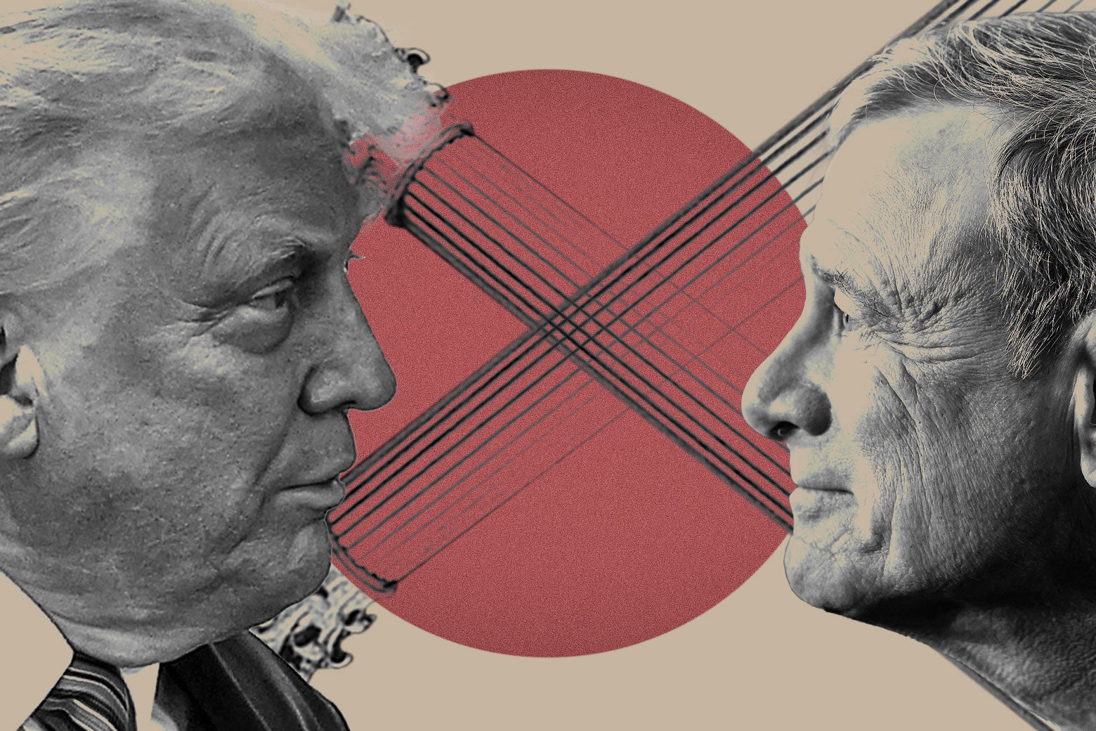 John Roberts and Donald Trump in front of an illustration of crossed swords.