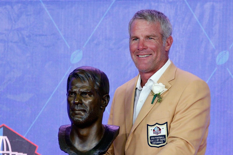 CANTON, OH - AUGUST 06: Brett Favre, former NFL quarterback, poses with his bronze bust during the NFL Hall of Fame Enshrinement Ceremony at the Tom Benson Hall of Fame Stadium on August 6, 2016 in Canton, Ohio. (Photo by Joe Robbins/Getty Images)