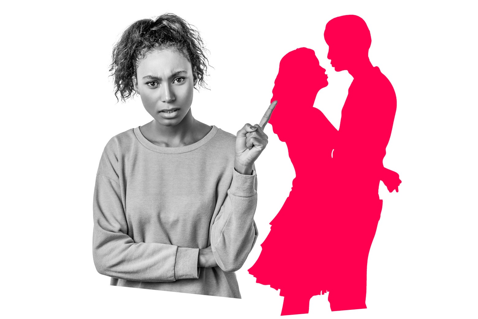 A woman points angrily at the illustrated silhouette of a couple.