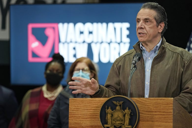 New York Governor Andrew Cuomo speaks during a news conference in the Queens borough of New York on February 24, 2021.