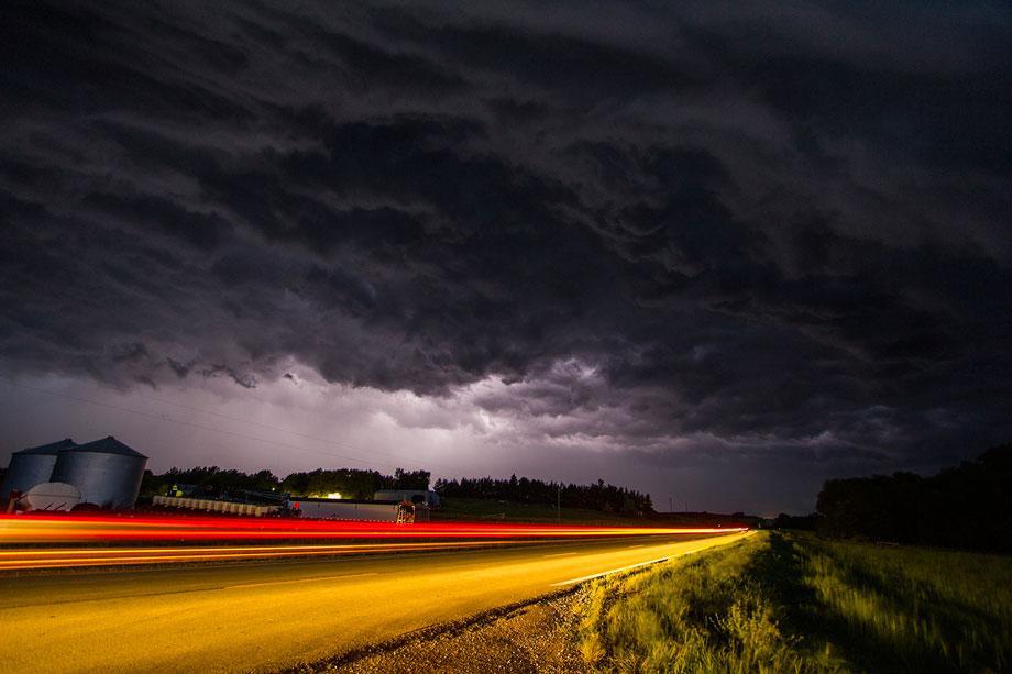 A shelf cloud moves over the countryside near Valparaiso, Neb.