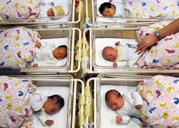 Newborn babies lay in their beds.