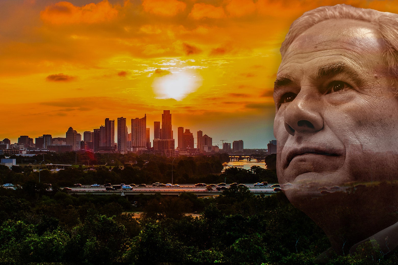 Greg Abbott superimposed over a view of the Austin skyline at sunset.