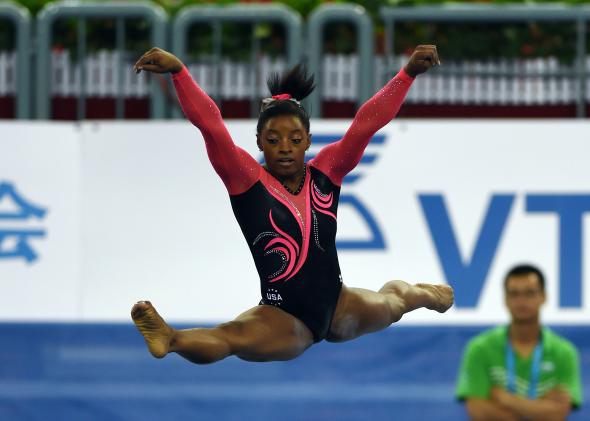U.S. gymnast Simone Biles performs during the women's floor exercise final at the Gymnastics World Championships in Nanning, China, on Oct. 12, 2014