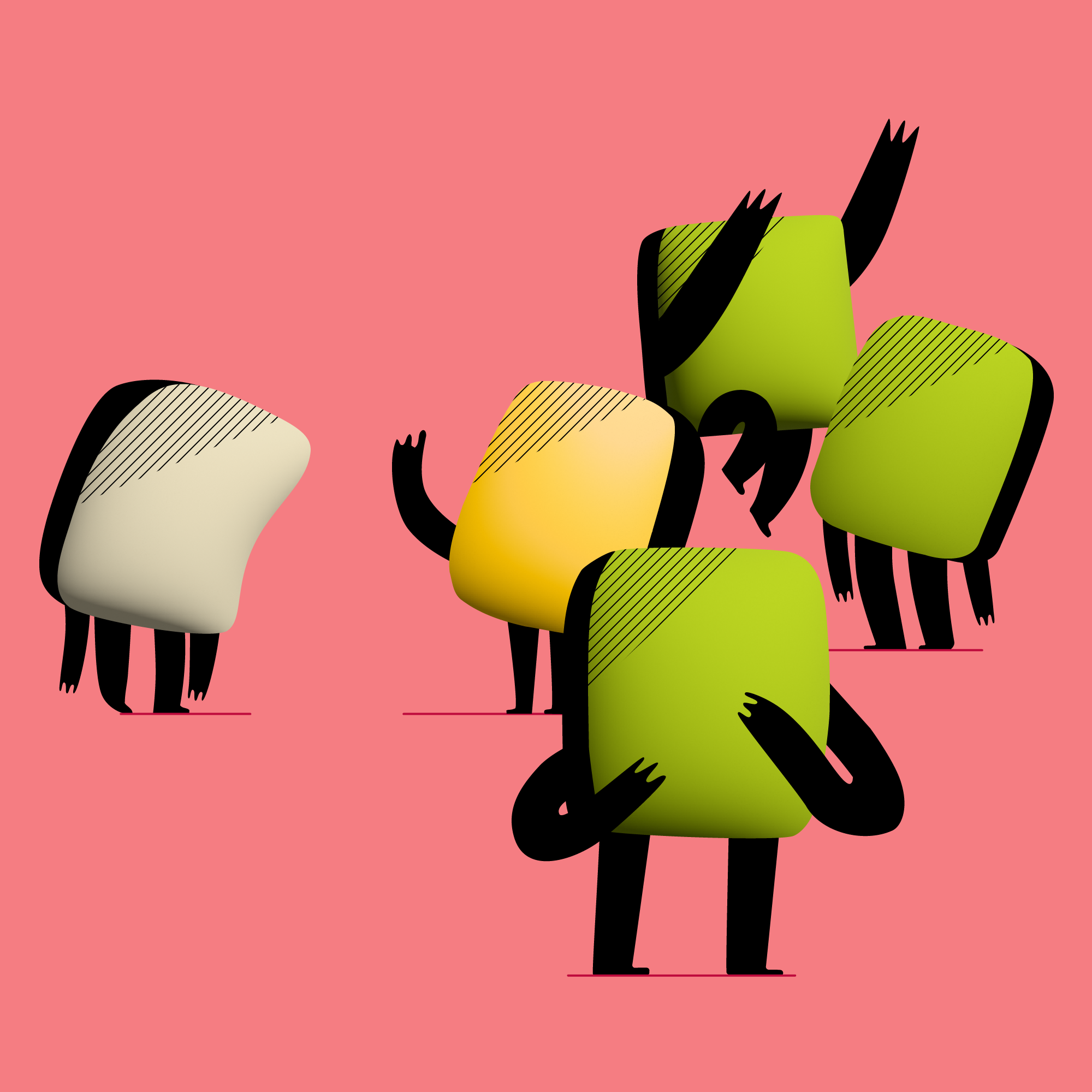 An illustration of a bunch of green and grey tiles with legs and arms.