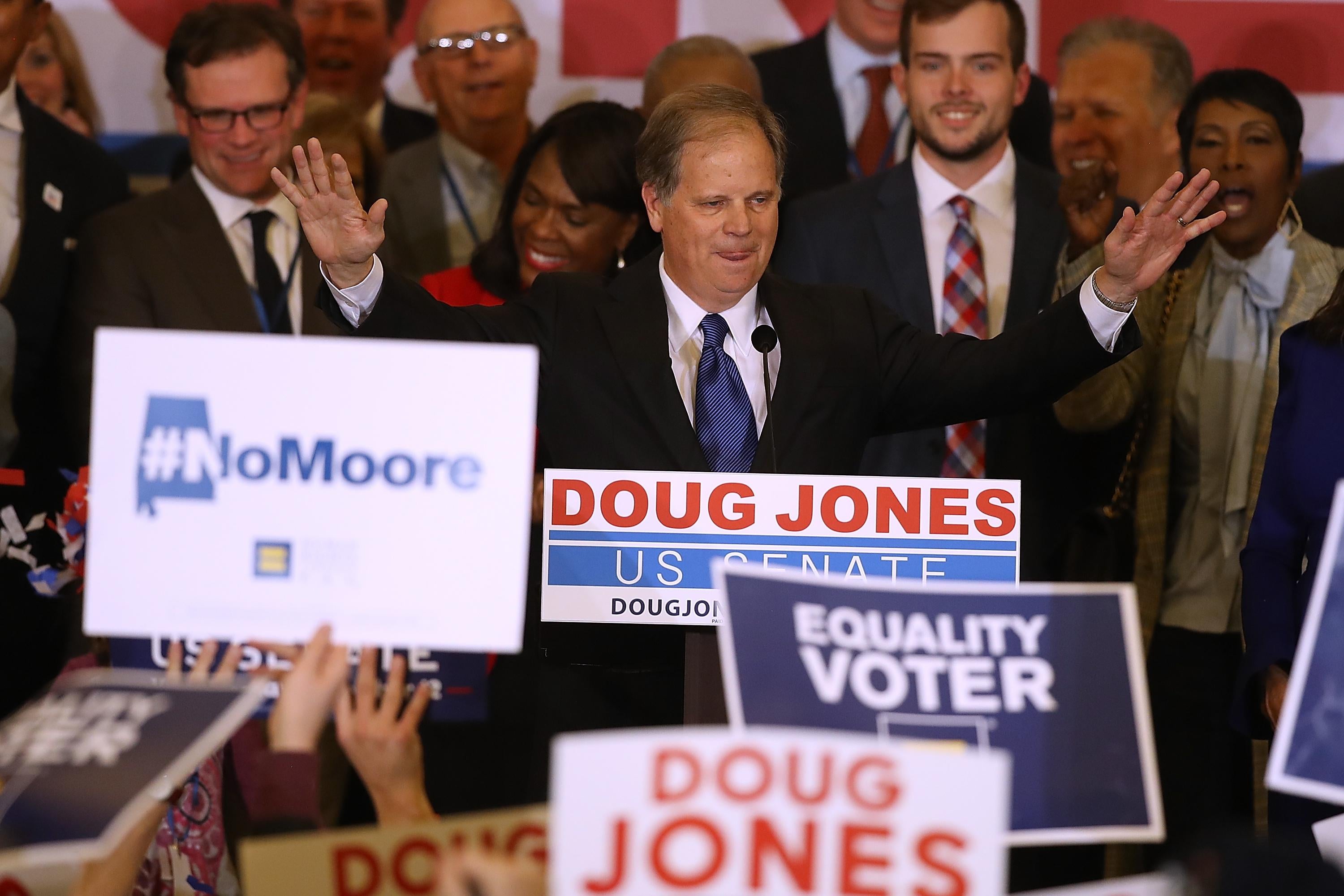 BIRMINGHAM, AL - DECEMBER 12:  Democratic U.S. Senator elect Doug Jones speaks to supporters during his election night gathering the Sheraton Hotel on December 12, 2017 in Birmingham, Alabama.  Doug Jones defeated his republican challenger Roy Moore to claim Alabama's U.S. Senate seat that was vacated by attorney general Jeff Sessions. (Photo by Justin Sullivan/Getty Images)
